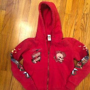 Ed Hardy red jacket with embroidered design